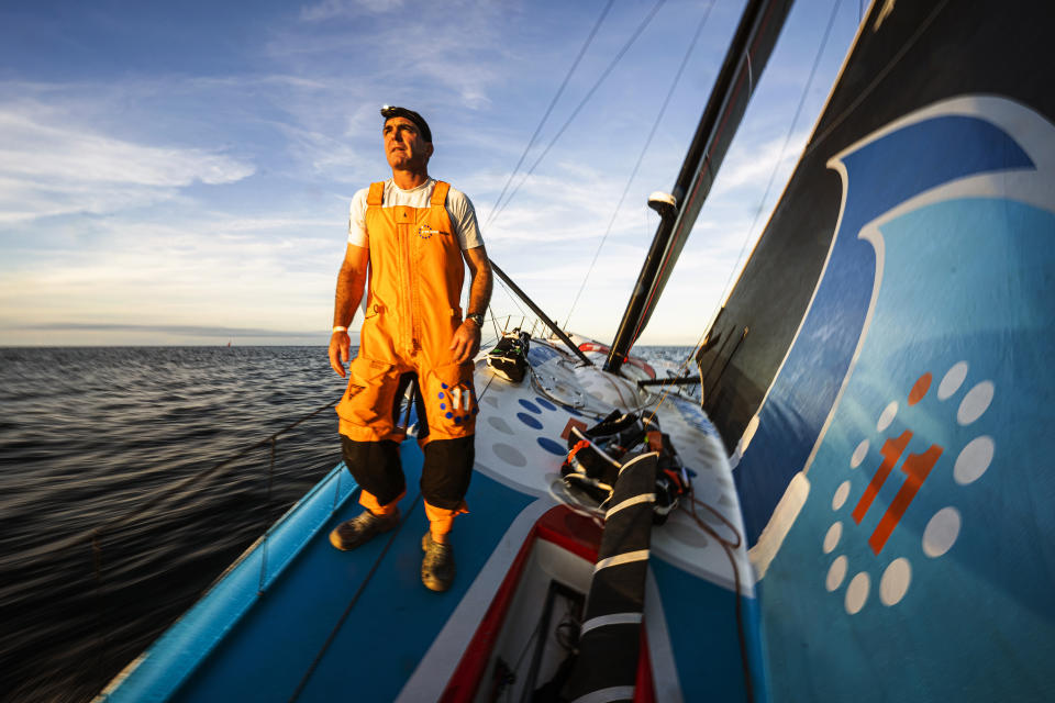 11th Hour Racing Team's IMOCA co-skippered by Charlie Enright onboard Malama, Sept. 16, 2021, during the 2021 Défi Azimut 48-Hour Race. (Amory Ross/11th Hour Racing via AP)