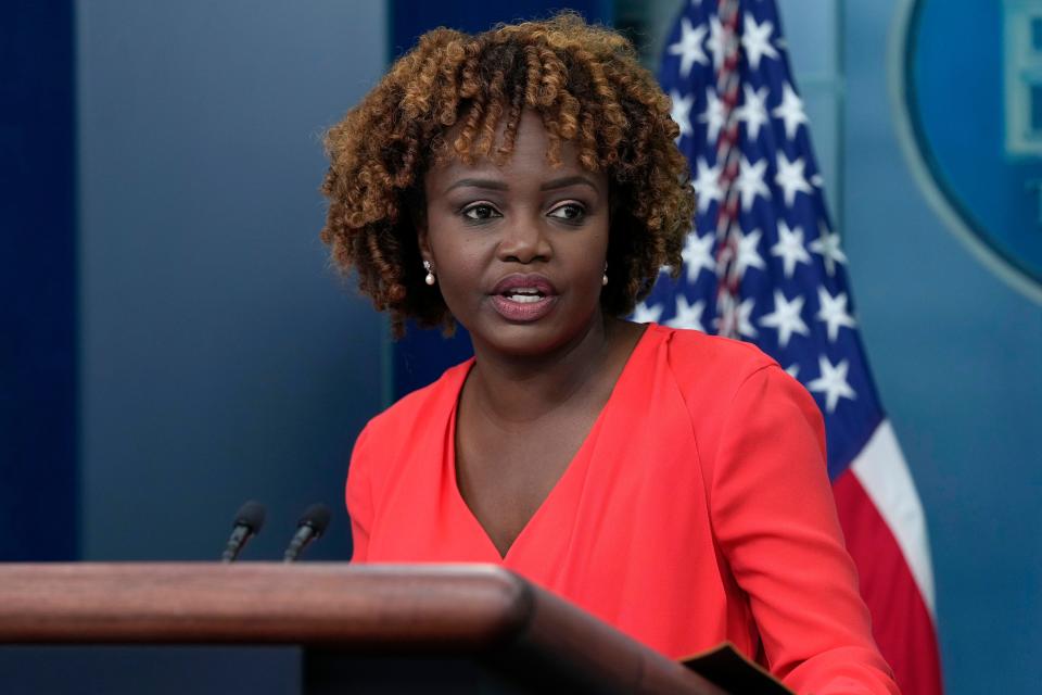 White House press secretary Karine Jean-Pierre speaks during the daily briefing at the White House in Washington, Wednesday, Aug. 30, 2023.