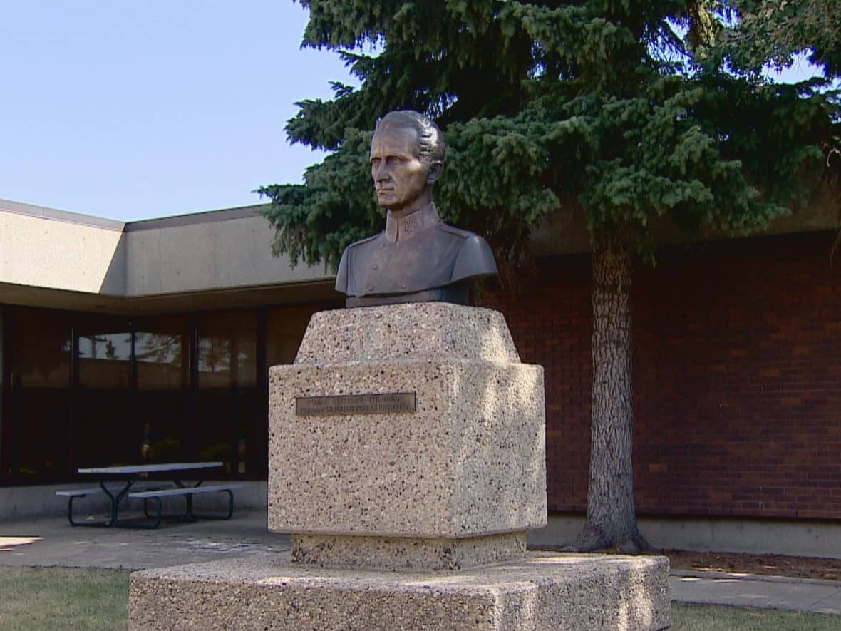 This statue of Roman Shukhevych was vandalized last August with the words 