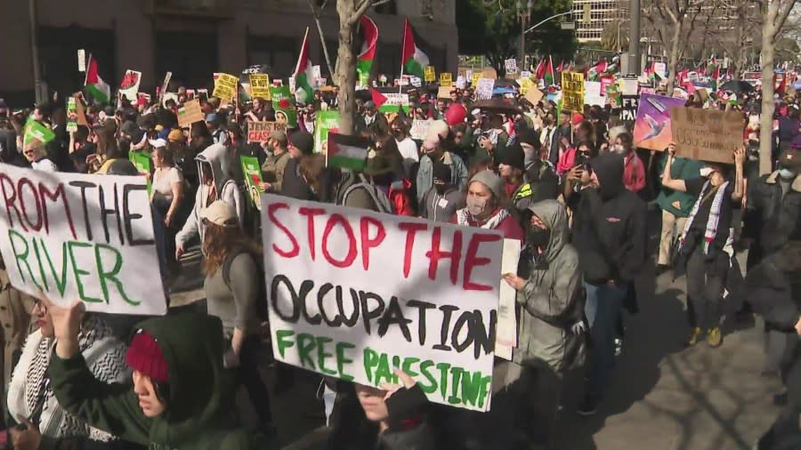 Thousands of demonstrators marched in downtown Los Angeles demanding an Israeli ceasefire after months of fighting in Gaza on Feb. 2, 2024 (KTLA)