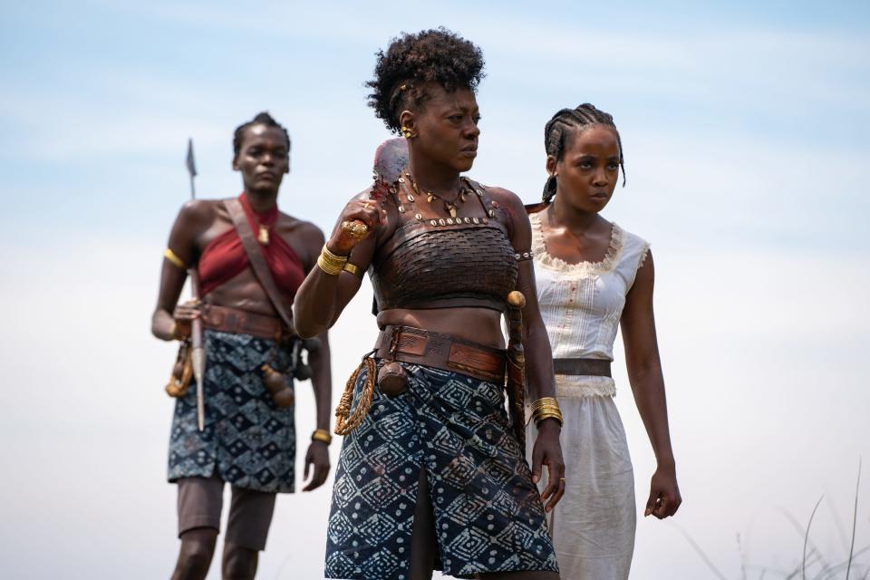 Sheila Atim, left, Viola Davis and Thuso Mbedu are African warriors in "The Woman King."