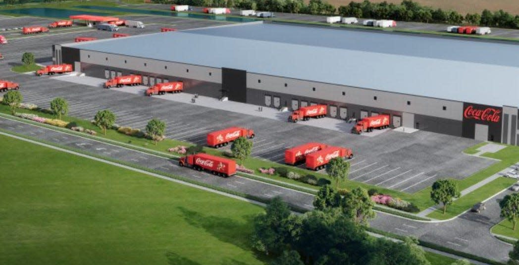 A rendering of Coca-Cola Consolidated's planned new 400,000-square-foot distribution and warehouse facility in an industrial park off Rohr Road near Rickenbacker International Airport in Columbus. The facility is expected to open in spring 2025 and will get a major tax abatement to add 12 new jobs to the 329 existing full-time positions following action Monday by the Columbus City Council. City officials say the abatement was necessary to keep the facility and jobs in Columbus.