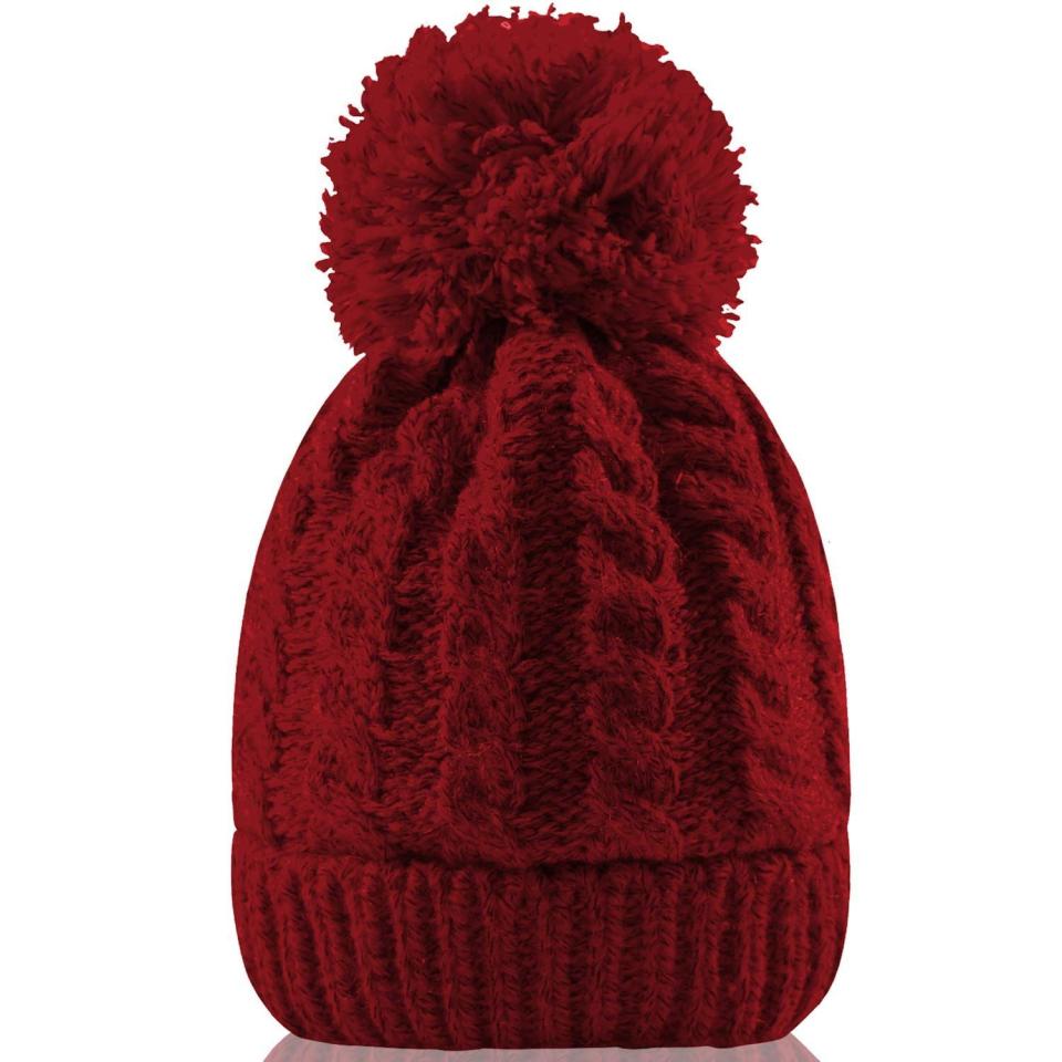 7) Slouchy Cable Knit Hat With Pom Pom