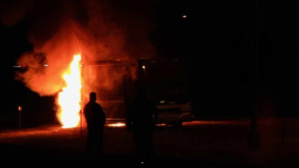 A photo of the Carson City-Crystal Marching Eagles' bus, which burned Sunday night. (Courtesy Chad Parmenter)