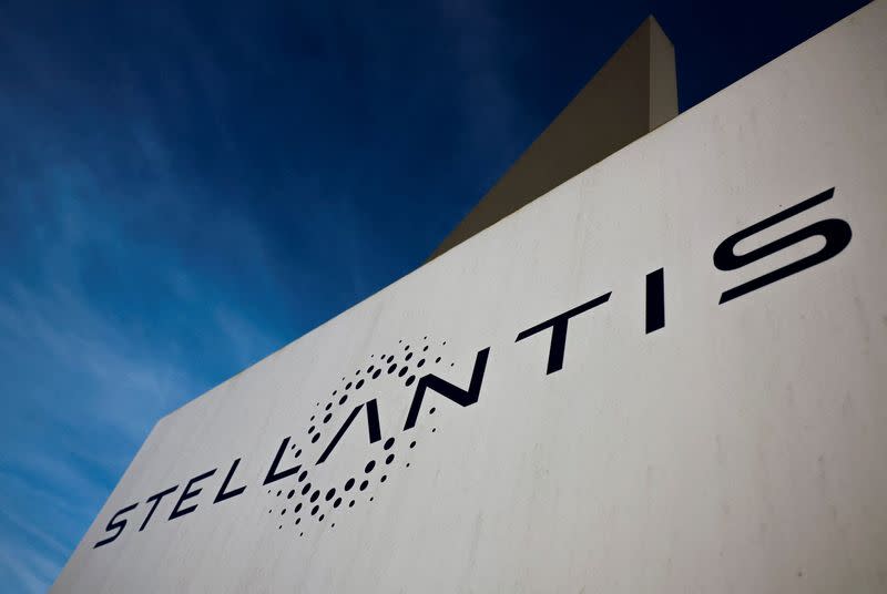 FILE PHOTO: The logo of Stellantis is seen on the company's building in Velizy-Villacoublay near Paris