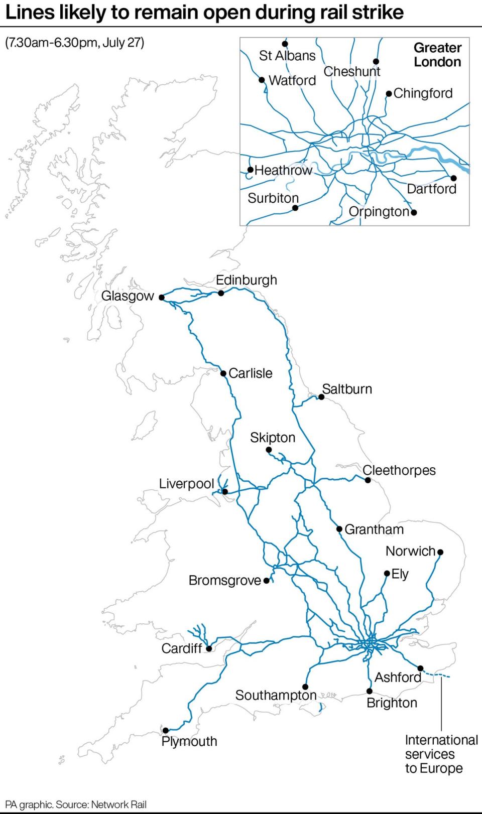 Lines likely to remain open during the rail strike (PA) (PA Graphics)