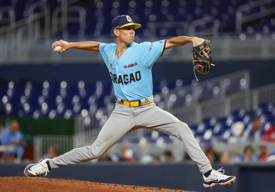 Curacao starting pitcher Cody Mincey (13) pitches against Dominican Republic in the third inning of a Caribbean Series baseball game on Tuesday, Feb. 6, 2024, in Miami, Fla.