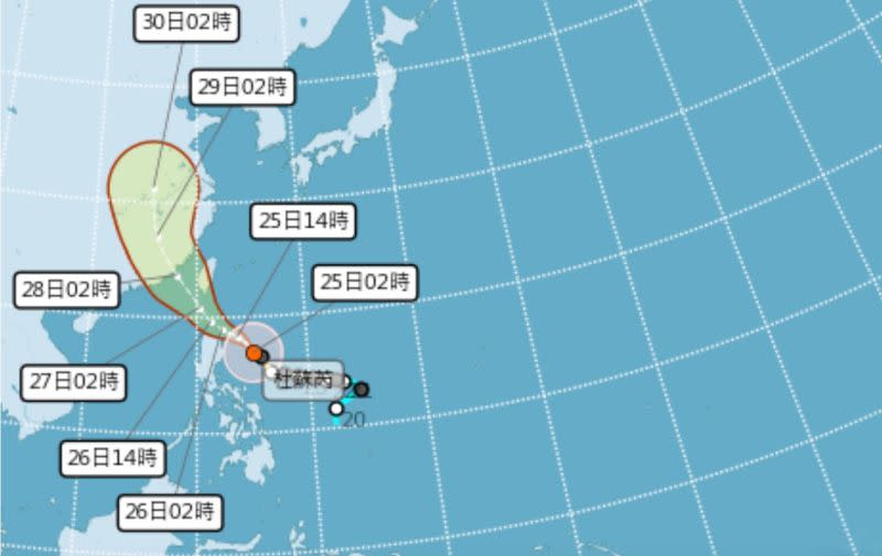 ▲杜蘇芮颱風強度直逼強颱，路徑一再南修，但少了地形的屏障，將帶來致災性降雨。（圖／翻攝中央氣象局官網）