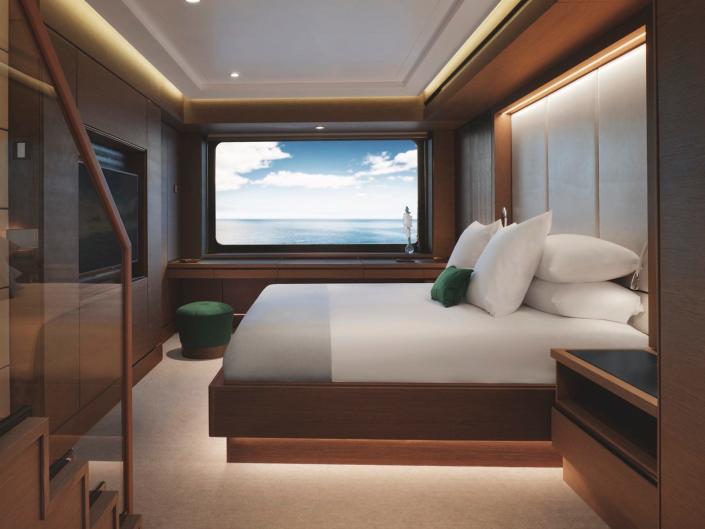 A bedroom aboard the Ritz-Carlton Yacht Collection's Evrima