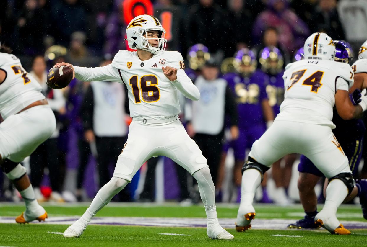 Arizona State quarterback Trenton Bourguet (16) looks to throw against Washington during the first half of an NCAA college football game Saturday, Oct. 21, 2023, in Seattle. (AP Photo/Lindsey Wasson)