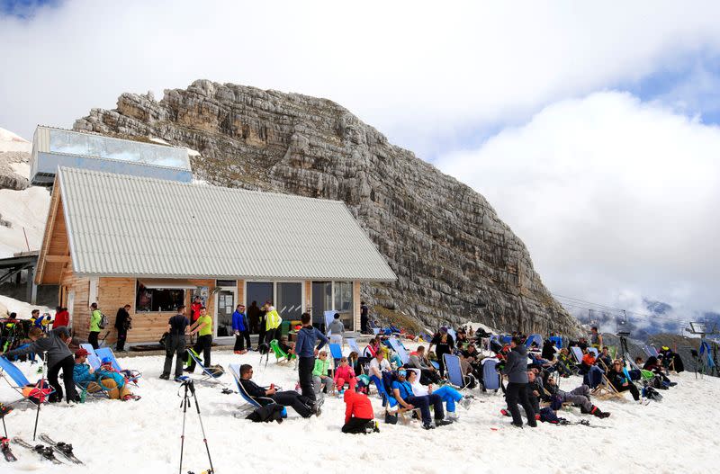 People ski on the slopes of Kanin after the Slovenian government called an official end to the country's coronavirus disease (COVID-19) outbreak, in Kanin