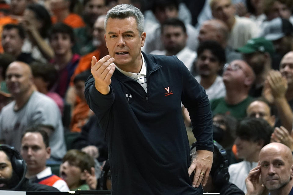 Virginia head coach Tony Bennett gestures during the first half of an NCAA college basketball game against Miami, Tuesday, Dec. 20, 2022, in Coral Gables, Fla. (AP Photo/Marta Lavandier)