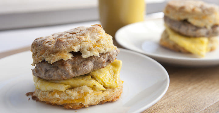 Made with cheddar biscuits and spicy maple sausage.<br> <strong>Get the <a href="http://www.macheesmo.com/2013/05/the-sausage-and-egg-biscuit/" target="_blank">Sausage And Egg Biscuit recipe</a> from Macheesmo</strong>