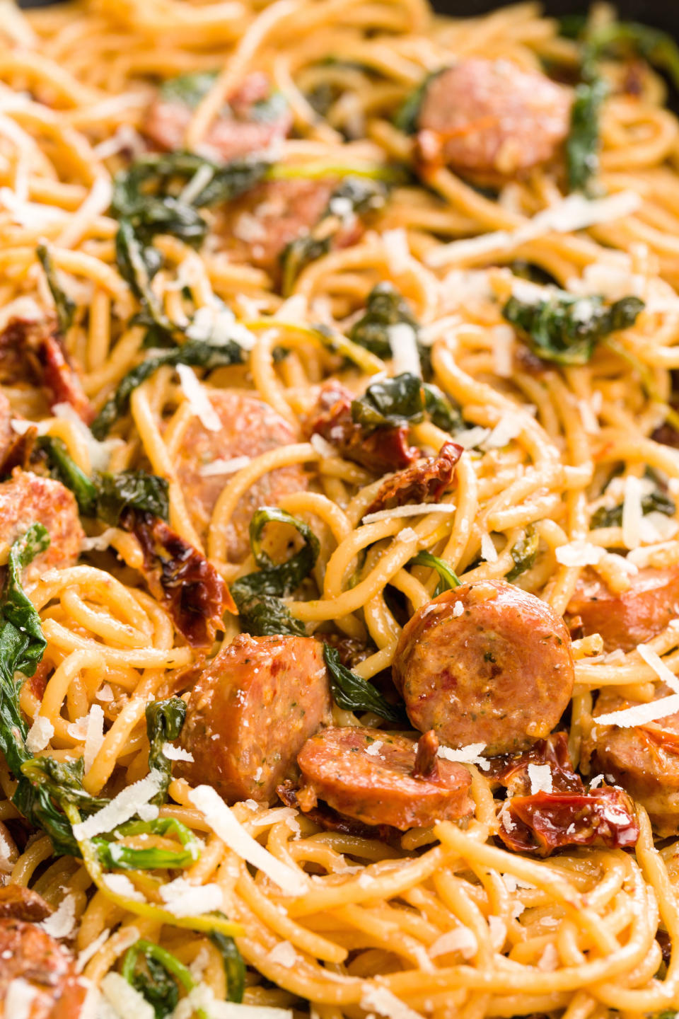 Spaghetti with Sun-Dried Tomatoes, Sausage, and Spinach