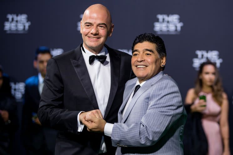 Argentina World Cup winner Diego Maradona with FIFA chief Gianni Infantino