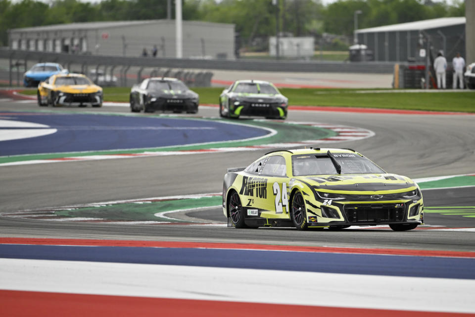 William Byron (24) steers through Turn 4 during a NASCAR Cup Series auto race Sunday, March 24, 2024, at Circuit of the Americas in Austin, Texas. (AP Photo/Darren Abate)