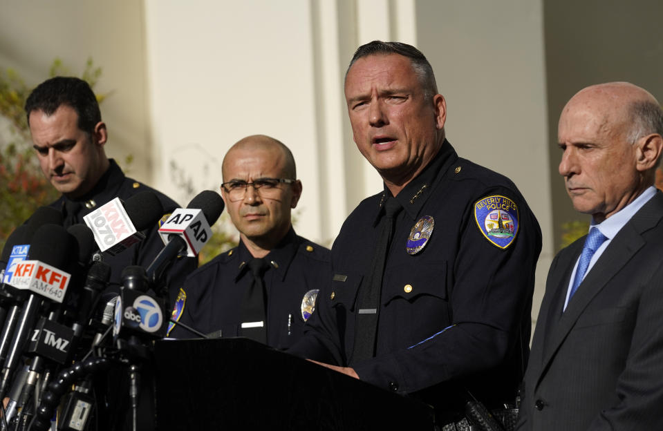 Beverly Hills Police Chief Mark G. Stainbrook, second from right, addresses the media at a news conference, Wednesday, Dec. 1, 2021, in Beverly Hills, Calif. Jacqueline Avant, the wife of music legend Clarence Avant, was fatally shot in Beverly Hills early Wednesday. At far right is Beverly Hills Mayor Robert Wunderlich. (AP Photo/Chris Pizzello)