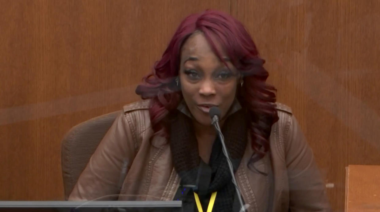 Shawanda Hill testifies in the Derek Chauvin trial in Minneapolis, MN. on April 13, 2021. (Court TV via Reuters Video)