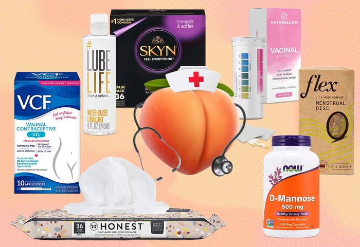 A peach with a nurse hat and a stethoscope surrounded by products recommended for a sexual health emergency kit
