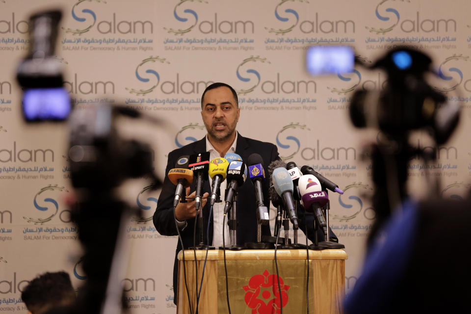 Bahraini citizen Ebrahim Sarhan speaks during a press conference by SALAM for Democracy and Human Rights, a non-governmental organization that follows human rights abuses in the Middle East, in Beirut, Lebanon, Thursday, April 25, 2019. SALAM released a 30-page report on sexual torture in Bahrain Thursday, that said such acts in the kingdom's jails are "widespread" and "systematic." (AP Photo/Hassan Ammar)