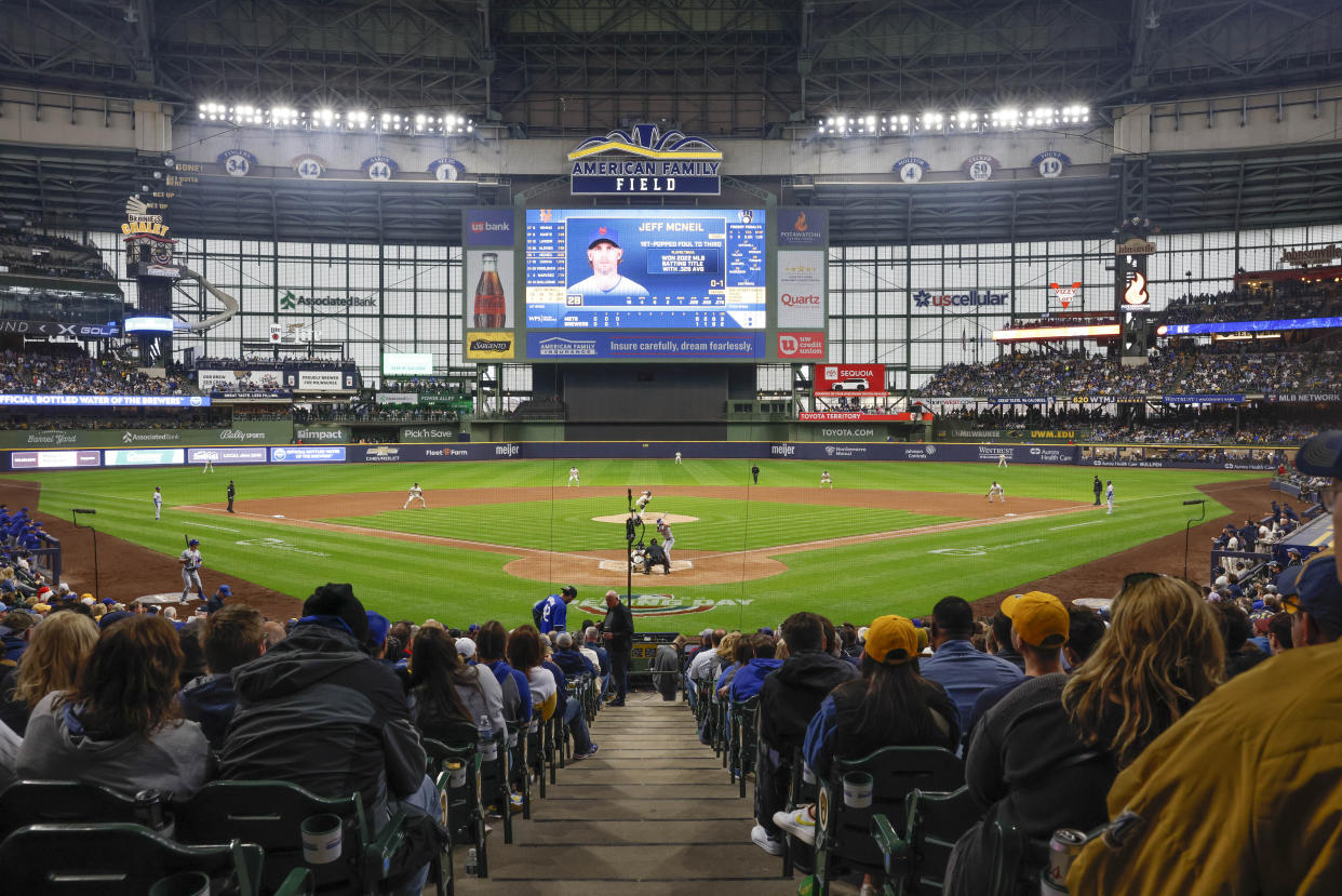 MILWAUKEE, WI - APRIL 03: A general view of American Family field during the game between the New York Mets and the Milwaukee Brewers at American Family Field on Monday, April 3, 2023 in Milwaukee, Wisconsin. (Photo by Jeffrey Phelps/MLB Photos via Getty Images)