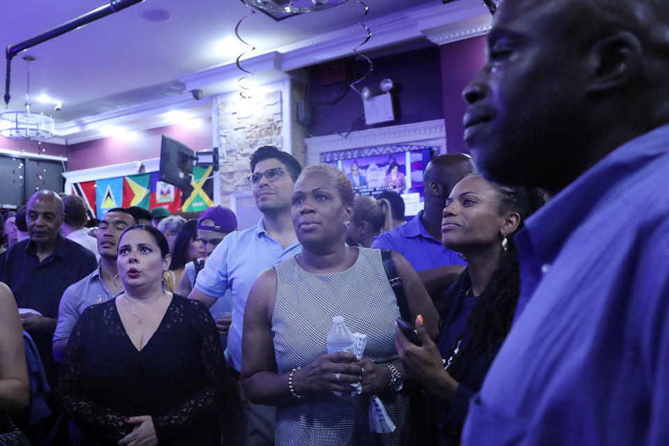 Supporters watched the results of the New York Democratic primary race at candidate Cynthia Nixon's election night watch party. (Spencer Platt via Getty Images)