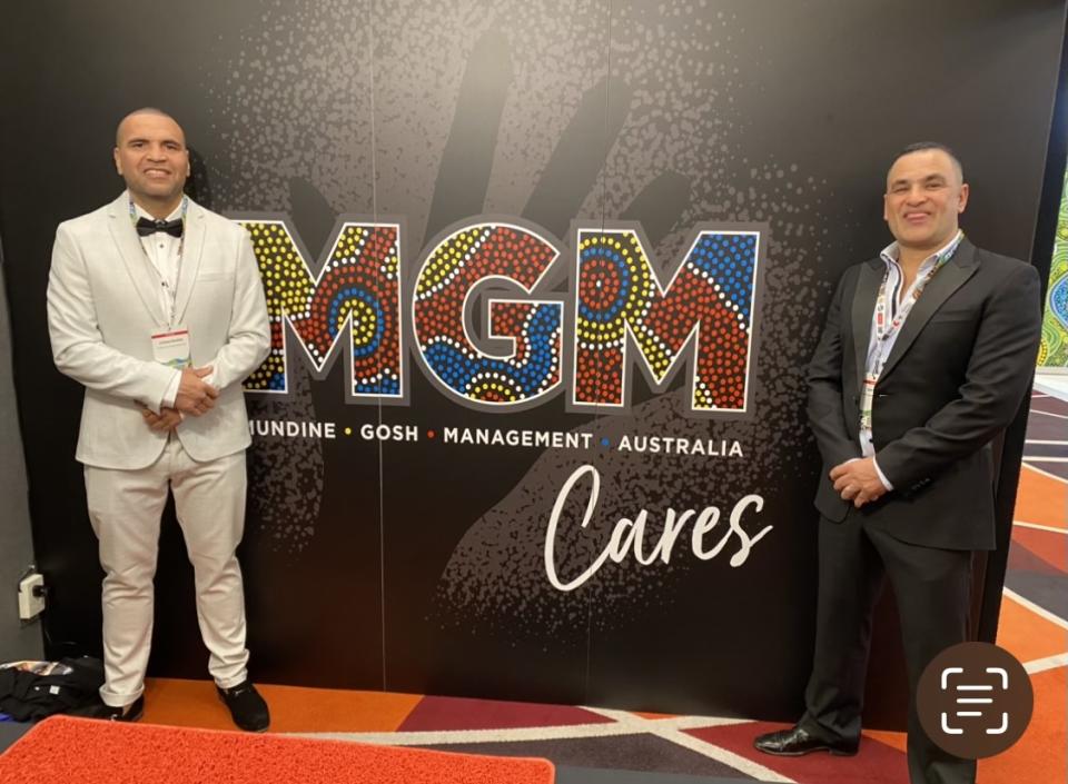 Gosh Daher (pictured right), who is close mates and business partner (in the Indigenous-inspired MGM – Mundine Gosh Management) with Dragons great Anthony Mundine (pictured left). (Image: Provided)