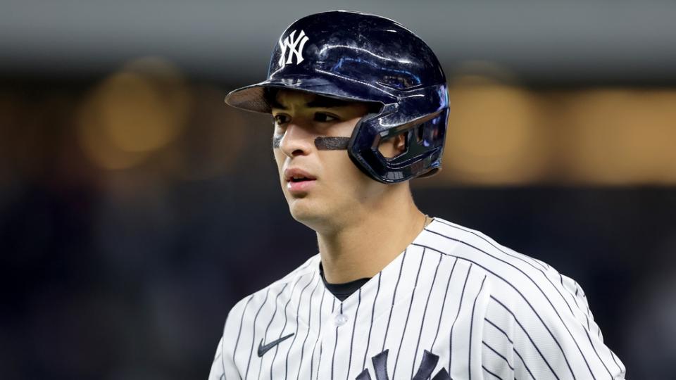 May 25, 2023;  Bronx, New York, USA;  New York Yankees shortstop Anthony Volpe (11) reacts after making the final out of the game against the Baltimore Orioles at Yankee Stadium.