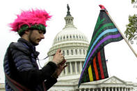 A marijuana flag is seen as protesters gather to smoke marijuana on steps of the U.S. Capitol to tell Congress to "De-schedule Cannabis Now" in Washington, U.S. April 24, 2017. REUTERS/Yuri Gripas