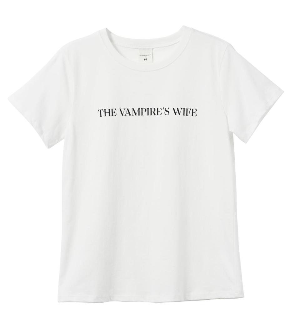 <p>Slogan t-shirt, £12.99, H&M</p><p><a class="link " href="https://go.redirectingat.com?id=127X1599956&url=https%3A%2F%2Fwww2.hm.com%2Fen_gb%2Fproductpage.0943419001.html&sref=https%3A%2F%2Fwww.cosmopolitan.com%2Fuk%2Ffashion%2Fstyle%2Fg34287086%2Fhandm-the-vampires-wife%2F" rel="nofollow noopener" target="_blank" data-ylk="slk:BUY NOW;elm:context_link;itc:0;sec:content-canvas">BUY NOW</a></p><p>Because we all stan The Vampire's Wife. </p>