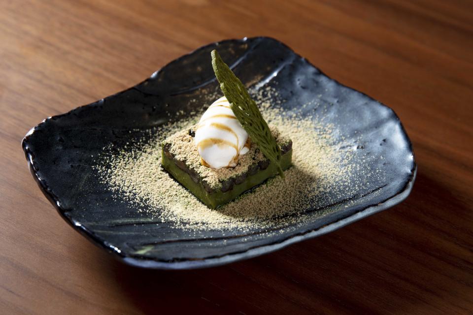 Quality matcha is naturally sweetened with white chocolate to form a custard-like terrine, studded with Japanese azuki beans and topped with house-made vanilla ice cream and a lace waffle
(Photo: WAKUDA)