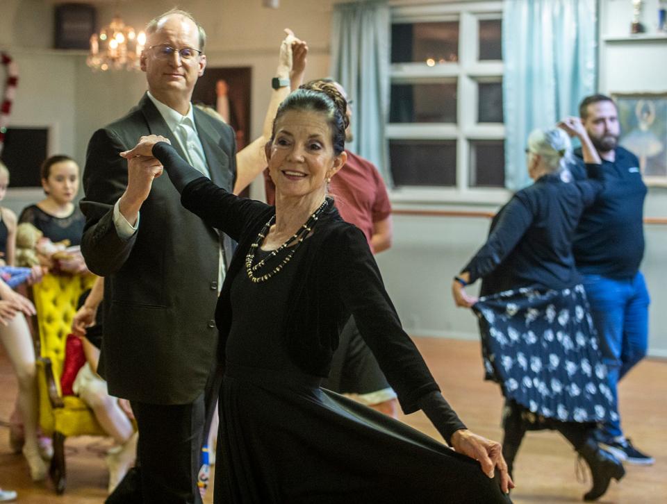 Colleen O'Brien and Chris Campbell, as Mother and Father Silberhaus, rehearse for a scene in "The Nutcracker," which will be put o  this weekend by the Greater Milford Ballet Company, Dec. 11, 2023.