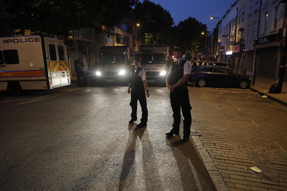 <p>Police officers man on Fonthill road near Finsbury Park station after a vehicle struck pedestrians in north London, Monday, June 19, 2017. (Photo: Tim Ireland/AP) </p>