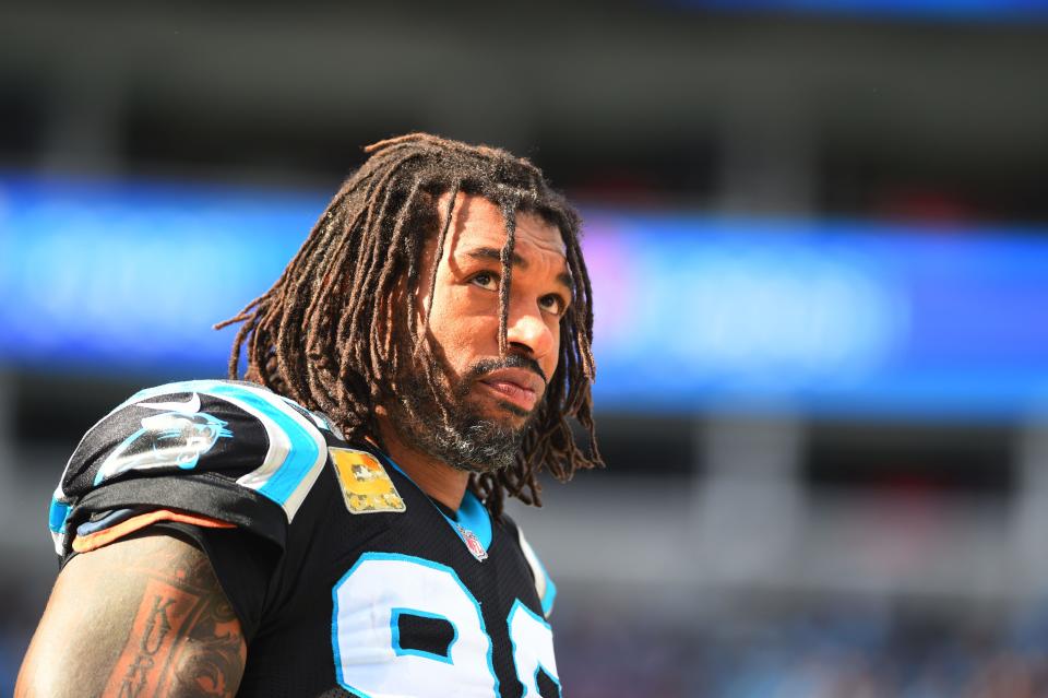 Nov 4, 2018; Charlotte, NC, USA; Carolina Panthers defensive end Julius Peppers (90) on the sidelines in the second quarter at Bank of America Stadium. Mandatory Credit: Bob Donnan-USA TODAY Sports