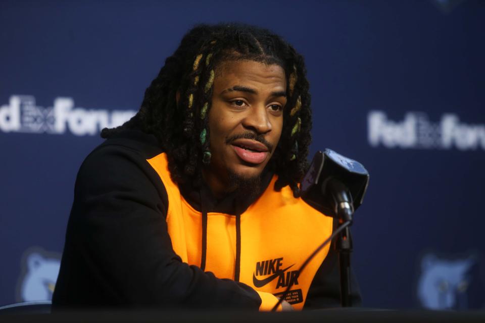 Memphis Grizzlies’ guard Ja Morant speaks with the media for the first time since his 25 game suspension on Friday, Dec. 15, 2023 at the FedEx Forum in Downtown Memphis, Tenn.