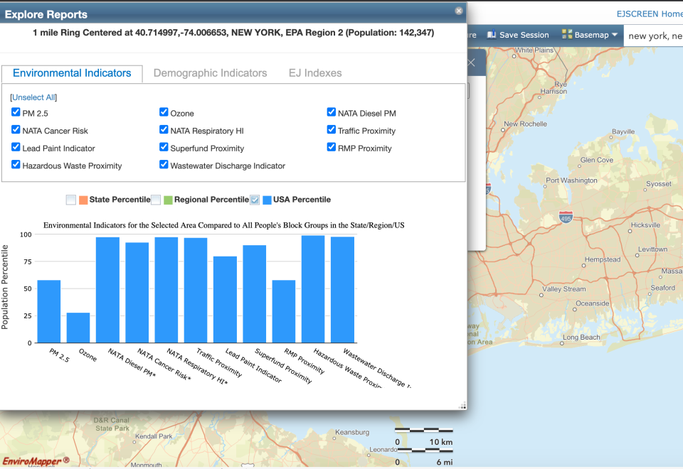 A map provided by the EPA website, seen in this screengrab, shows the New York City region and its proximity to hazardous waste water, among other environmental impacts. / Credit: Environmental Protection Agency