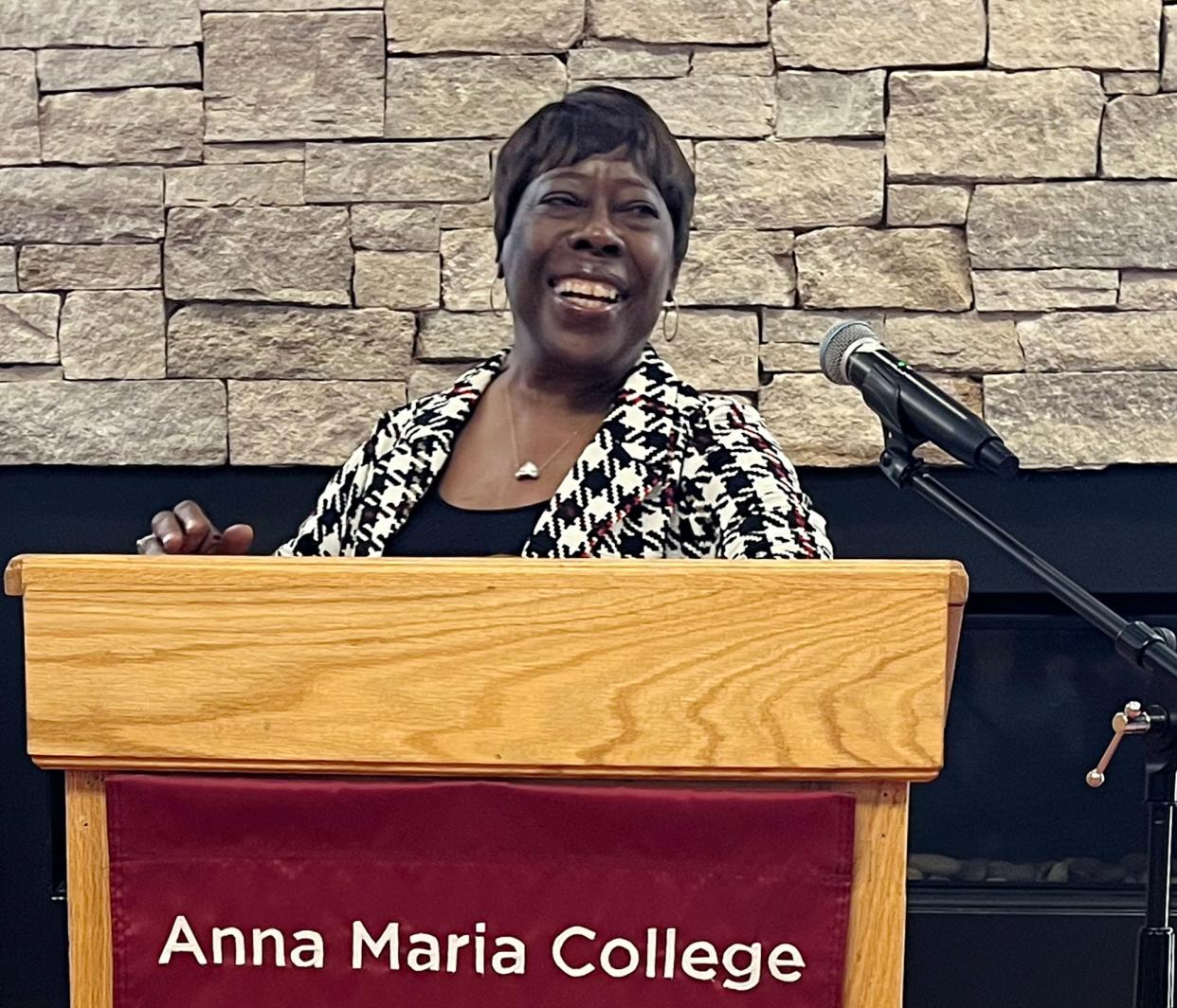 Bettie Mae Fikes, member of the Freedom Singers and a student civil rights activist, speaks at Anna Maria College Tuesday.