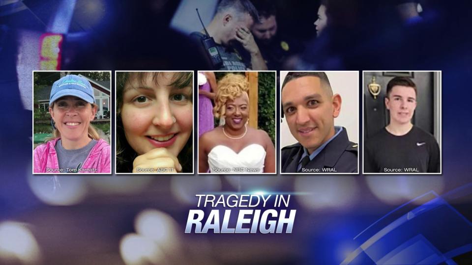 Five people were killed, including an off-duty officer, and two more people were injured in a shooting rampage in Raleigh Thursday, Mayor Mary-Ann Baldwin confirmed.