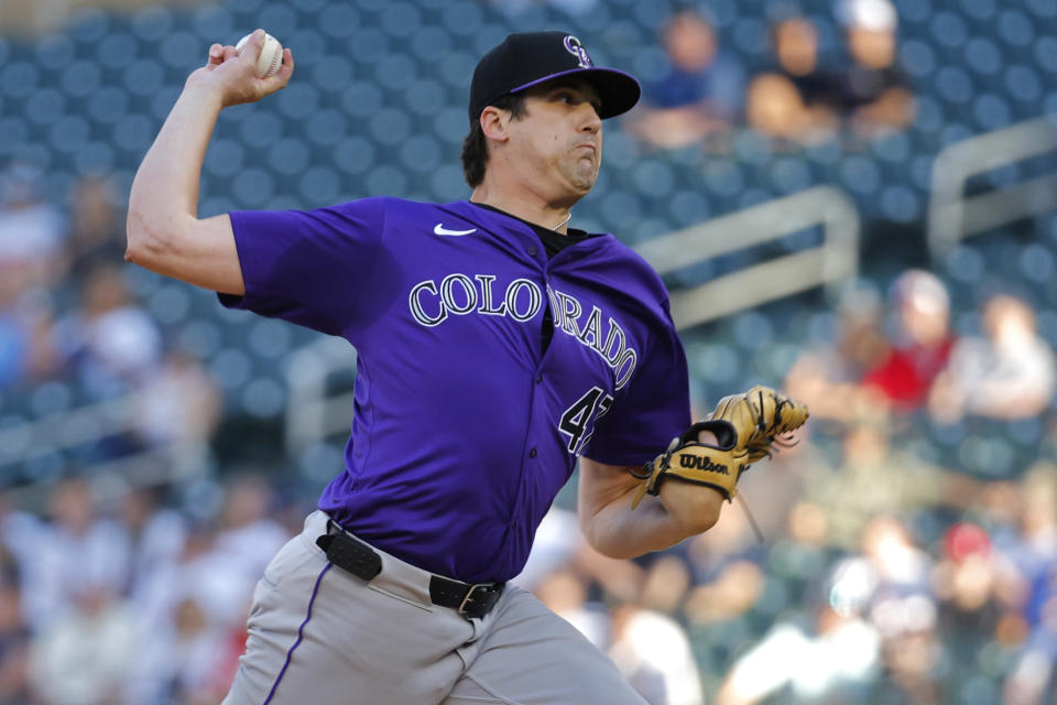 Colorado Rockies starting pitcher Cal Quantrill throws to a Minnesota Twins batter during the first inning of a baseball game Tuesday, June 11, 2024, in Minneapolis. (AP Photo/Bruce Kluckhohn)