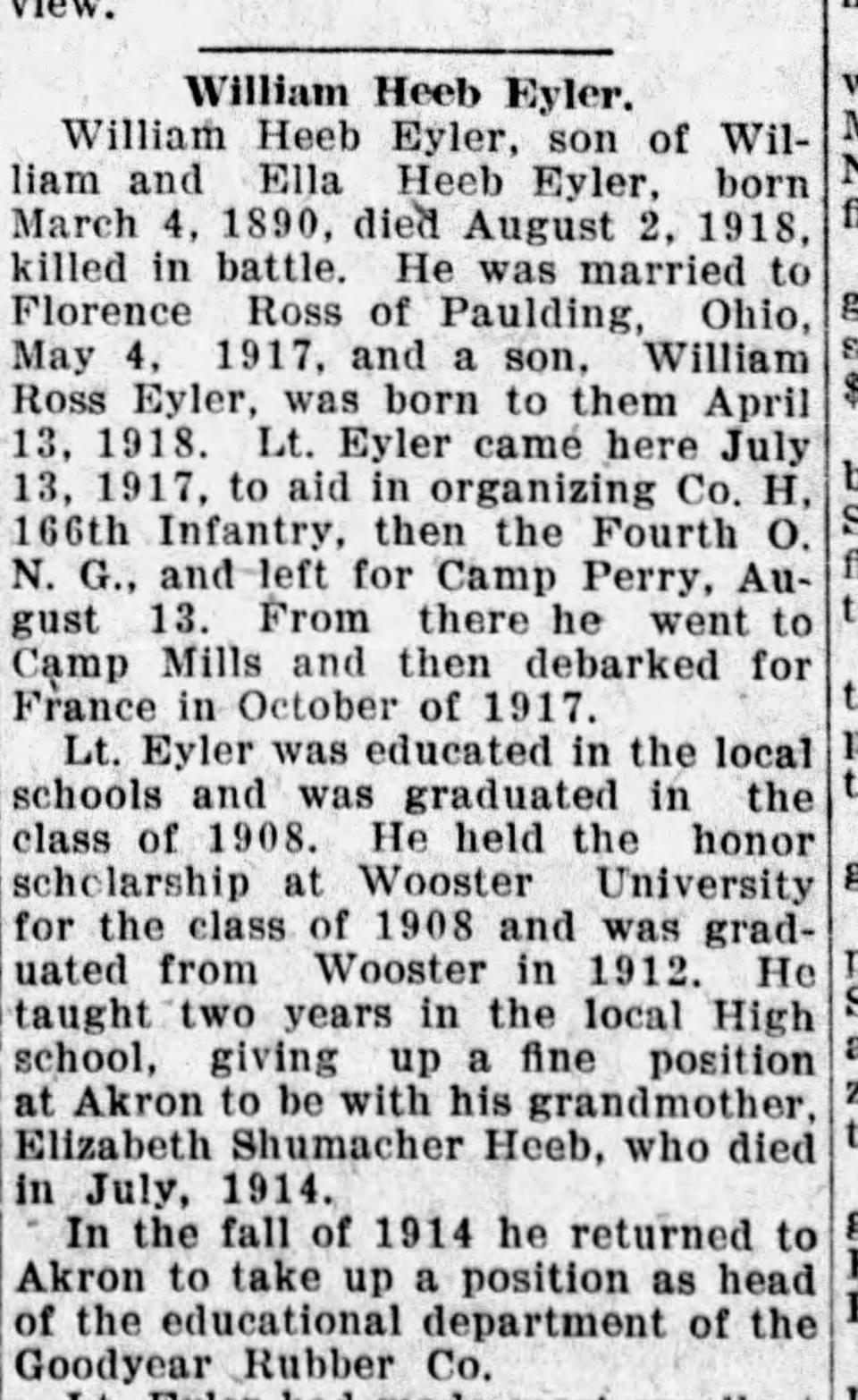 The partial obit of William H. Eyler who was killed in battle during World War I.