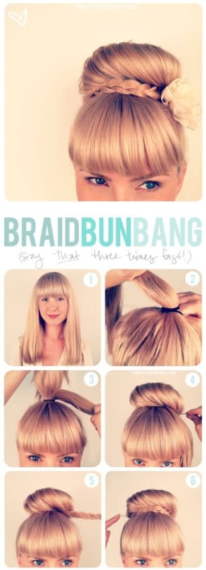 <p>This braided bun is just the thing for a summer wedding.</p><p>Get the full tutorial <a href="http://thebeautydepartment.com/2012/06/updo-bangs/" rel="nofollow noopener" target="_blank" data-ylk="slk:here.;elm:context_link;itc:0;sec:content-canvas" class="link ">here.</a></p>