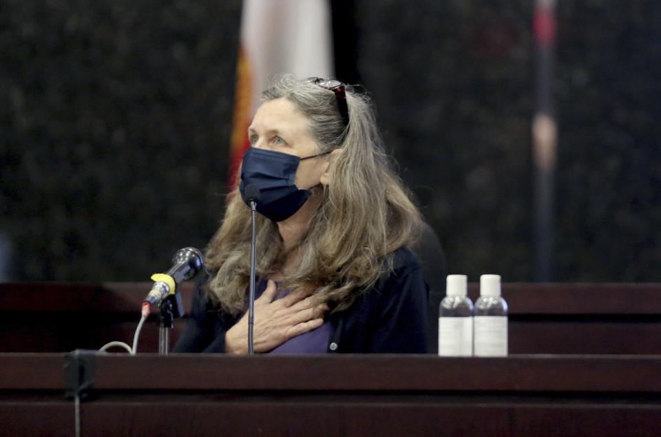 Pamela Reisinger, mother of Jessica Reisinger-Raubenolt, recalls memories of her daughter while giving her victim impact statement at Cameron Herrin's sentencing hearing on Thursday, April 8, 2021, at the Hillsborough County Edgecomb Courthouse before 13th Judicial Circuit Court judge Christopher Nash in downtown Tampa, Fla. Herrin was sentenced to 24 years in prison for killing the Ohio mother and her young daughter in a 2018 traffic crash. (Douglas R. Clifford/Tampa Bay Times via AP)