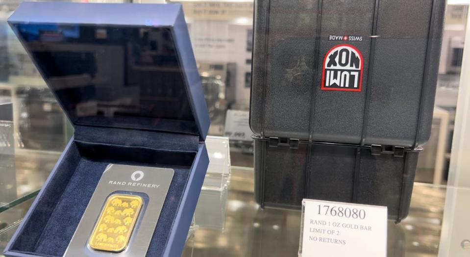 Rand Refinery-brand 1-ounce gold bars at a Costco in Daytona Beach during a preview tour of the store on Tuesday, Feb. 20, 2024.