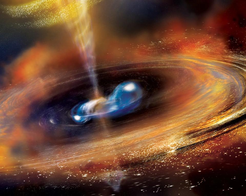 <sub>Two neutron stars begin to merge in this illustration, blasting a jet of high-speed particles and producing a cloud of debris.</sub>