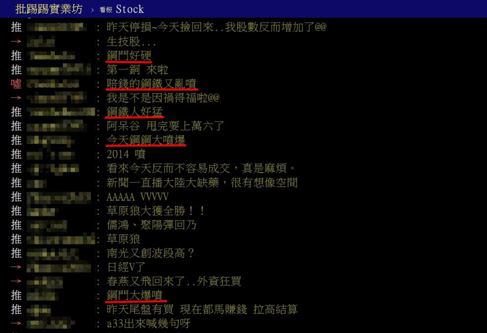 網友討論鋼鐵股今天走勢。圖／翻攝PTT