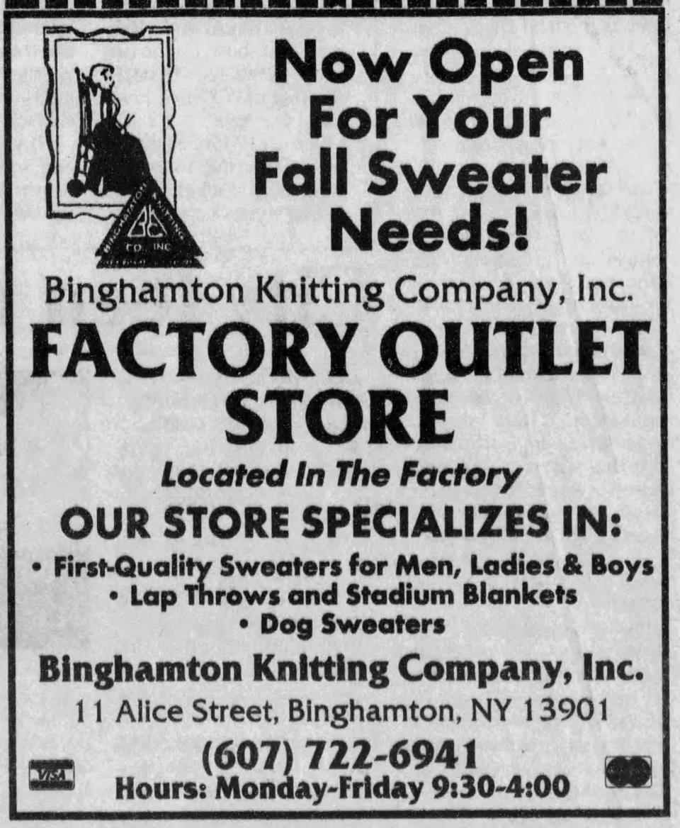 A 1995 advertisement for Binghamton Knitting Company promotes the outlet store and their dog sweaters.