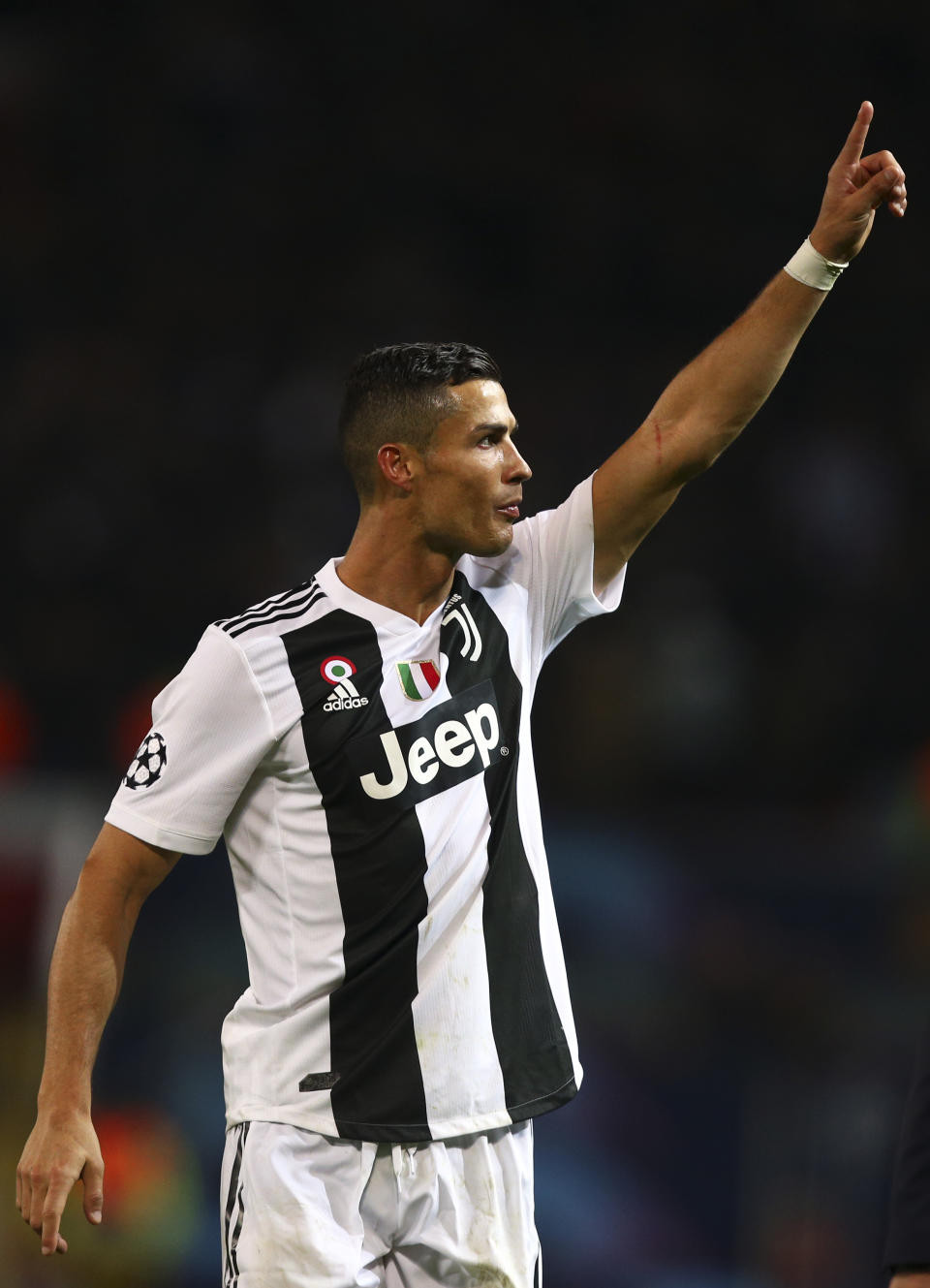 Juventus forward Cristiano Ronaldo gestures at the end of the Champions League group H soccer match between Manchester United and Juventus at Old Trafford, Manchester, England, Tuesday, Oct. 23, 2018. (AP Photo/Dave Thompson)