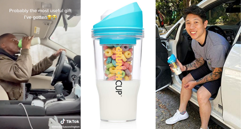 Images from TikTok showing a driver sipping from the The CrunchCup, the cup itself with blue lid, filled with an interior layer of cereal and an outer layer of milk, and at right, a driver sits with his feet outside his vehicle and smiles while holding the cup.