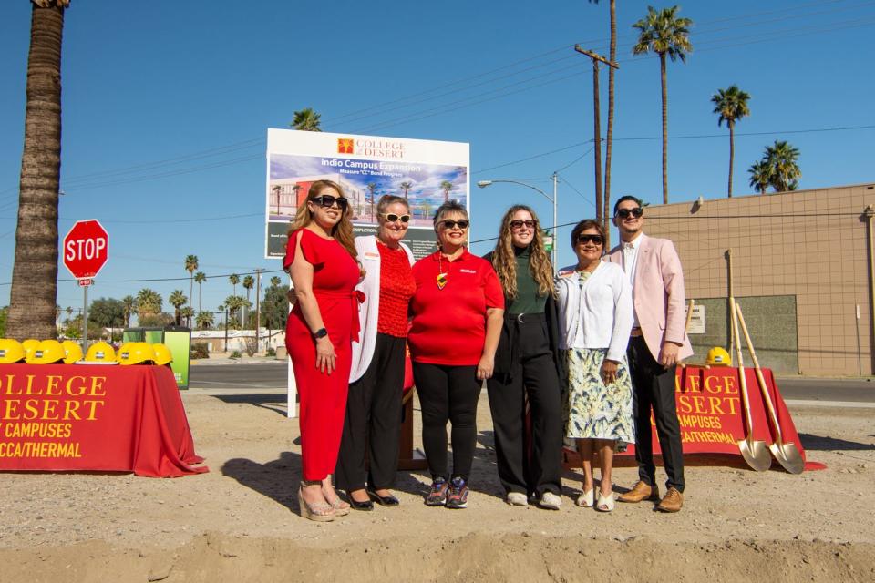 College of the Desert Superintendent/President Martha Garcia (left) poses with trustees Bonnie Stefan, Bea Gonzalez, student trustee Ireland Olson, Aurora Wilson and Ruben Perez in Indio, Calif., on Monday, March 14, 2022.