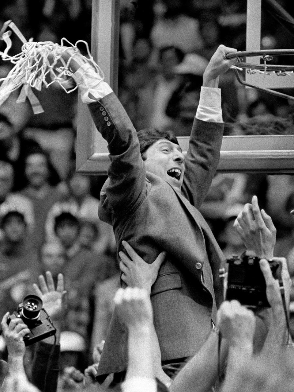 NC State’s Jim Valvano celebrates after the Wolfpack defeated Houston to win the National championship on April 5, 1983.